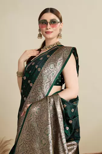 Green woven satin saree with blouse piece