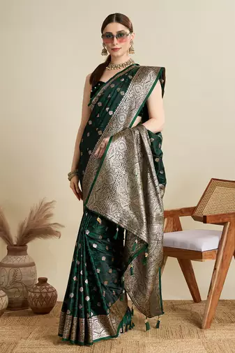 Green woven satin saree with blouse piece