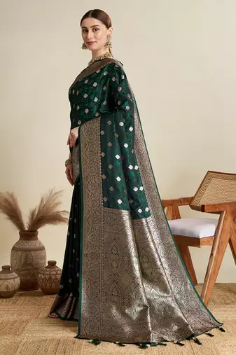 Green woven satin saree with blouse piece