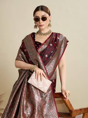 Maroon woven satin saree with blouse piece 2
