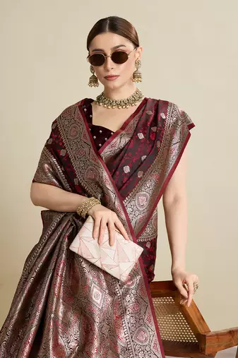 Maroon woven satin saree with blouse piece