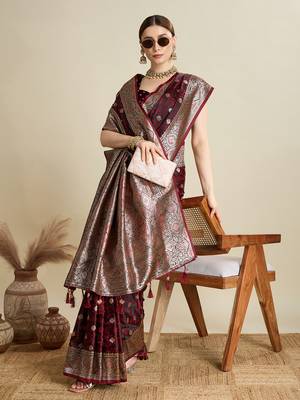 Maroon woven satin saree with blouse piece 3