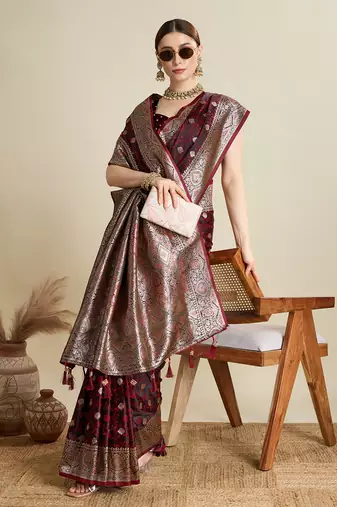 Maroon woven satin saree with blouse piece