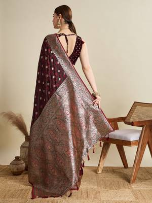 Maroon woven satin saree with blouse piece 5