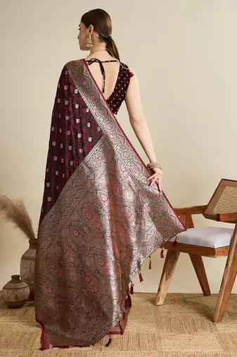 Maroon woven satin saree with blouse piece