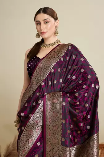 Pink woven satin saree with blouse piece