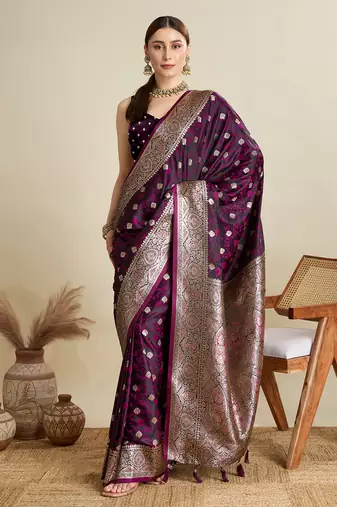 Pink woven satin saree with blouse piece