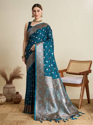 Teal woven satin saree with blouse piece 1