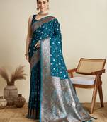 Teal woven satin saree with blouse piece