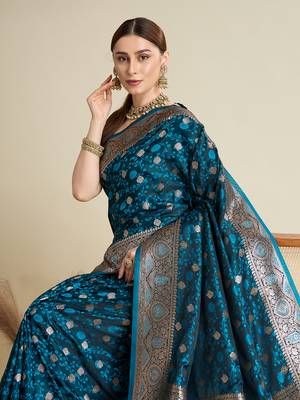Teal woven satin saree with blouse piece 2