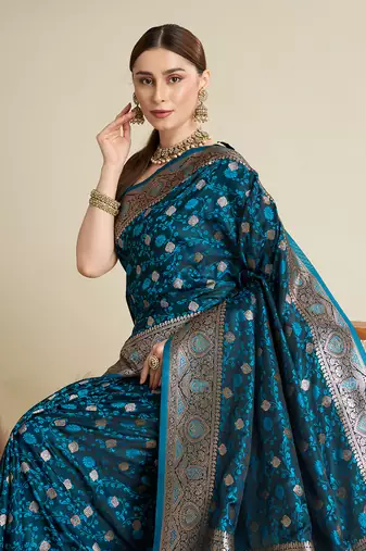 Teal woven satin saree with blouse piece