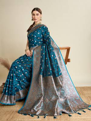 Teal woven satin saree with blouse piece 3