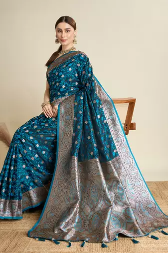 Teal woven satin saree with blouse piece