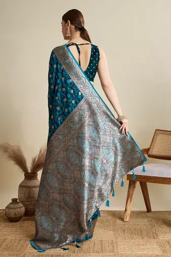 Teal woven satin saree with blouse piece