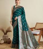 Teal woven satin saree with blouse piece
