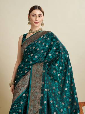 Teal woven satin saree with blouse piece 2