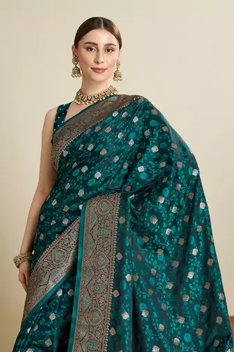Teal woven satin saree with blouse piece