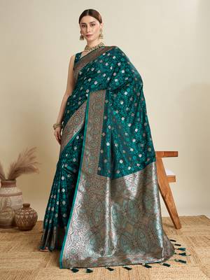 Teal woven satin saree with blouse piece 3