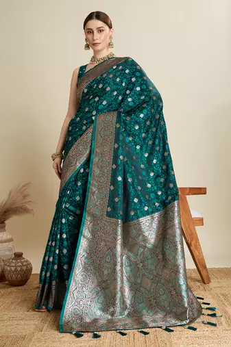 Teal woven satin saree with blouse piece