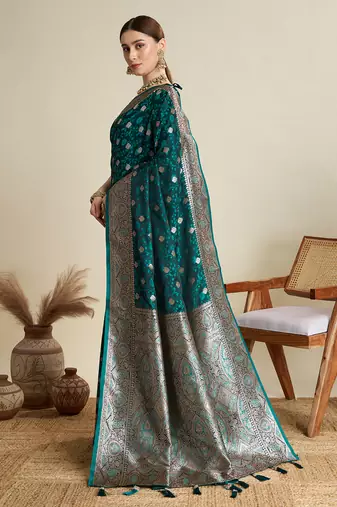 Teal woven satin saree with blouse piece