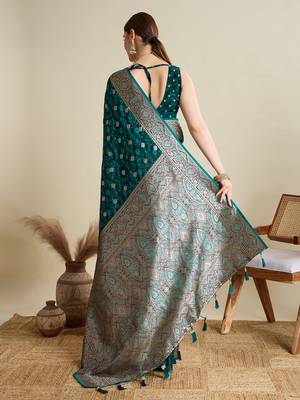 Teal woven satin saree with blouse piece 5