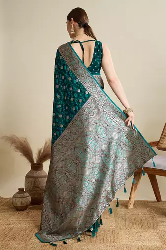 Teal woven satin saree with blouse piece