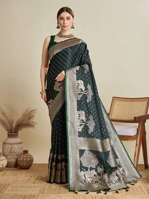 Dark green woven satin saree with blouse piece 1