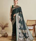 Dark green woven satin saree with blouse piece