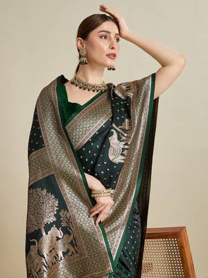 Dark green woven satin saree with blouse piece 2