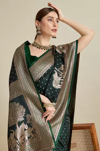 Dark green woven satin saree with blouse piece