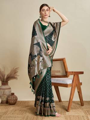 Dark green woven satin saree with blouse piece 3
