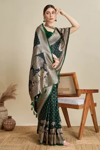 Dark green woven satin saree with blouse piece