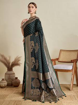 Dark green woven satin saree with blouse piece 4