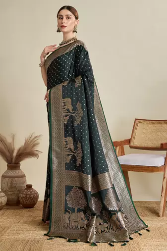 Dark green woven satin saree with blouse piece