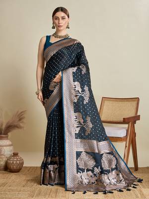 Navy blue woven satin saree with blouse piece 1