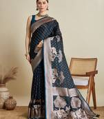 Navy blue woven satin saree with blouse piece