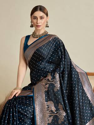 Navy blue woven satin saree with blouse piece 2