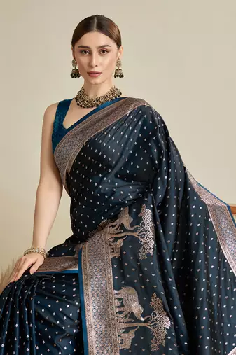 Navy blue woven satin saree with blouse piece