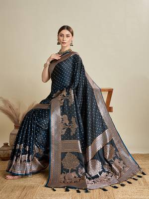 Navy blue woven satin saree with blouse piece 3