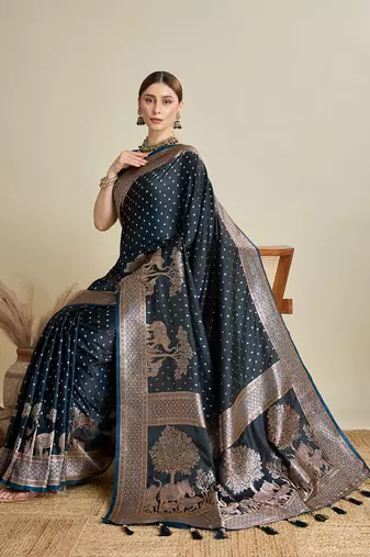Navy blue woven satin saree with blouse piece