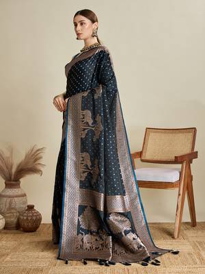 Navy blue woven satin saree with blouse piece 4