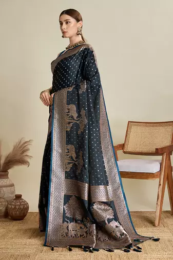 Navy blue woven satin saree with blouse piece
