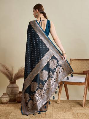 Navy blue woven satin saree with blouse piece 5