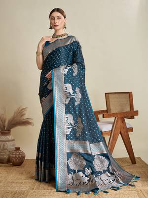 Teal woven satin saree with blouse piece 1