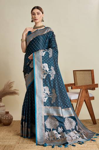 Teal woven satin saree with blouse piece