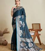 Teal woven satin saree with blouse piece