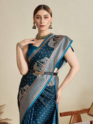 Teal woven satin saree with blouse piece 2