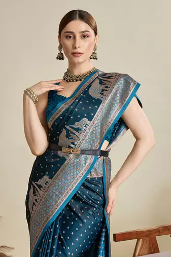 Teal woven satin saree with blouse piece