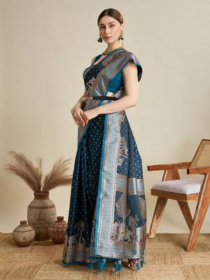 Teal woven satin saree with blouse piece 3