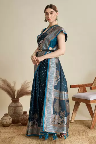 Teal woven satin saree with blouse piece